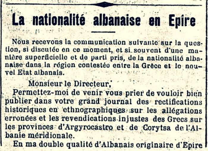 LETRA E PANO BEJ FRASHËRIT DREJTUAR GAZETËS FRANCEZE (1913) : EPIRI ËSHTË SHQIPËRI DHE SHQIPËRIA EPIR