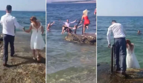 Dasmë e pazakontë në Kroaci, të sapomartuarit dhe dasmorët u hodhën në det pas ceremonisë