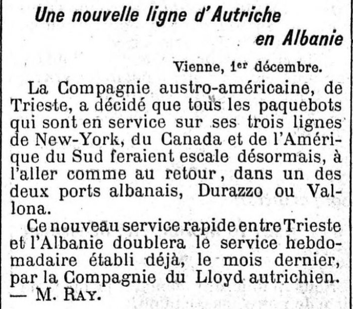 LE FIGARO (1913) / KRIJIMI I LINJËS SË RE DETARE QË DO TË LIDHË DURRËSIN DHE VLORËN ME NJU JORKUN, KANADANË DHE AMERIKËN E JUGUT