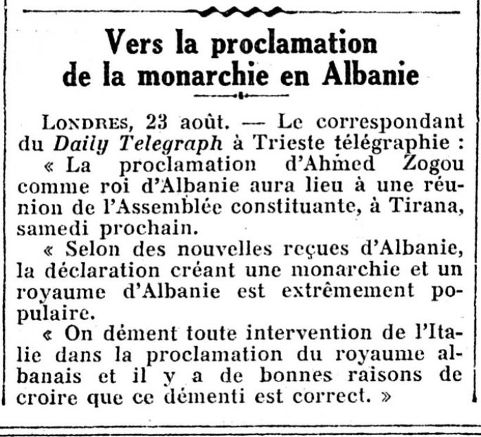 “Përgënjeshtrohet çdo ndërhyrje e Italisë në shpalljen e Mbretërisë Shqiptare ! Ky përgënjeshtrim është i saktë !”