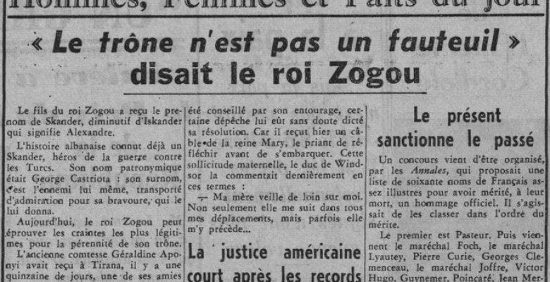 'Paris-soir' 1939/ Mbreti Zog:'Froni nuk është një kolltuk'