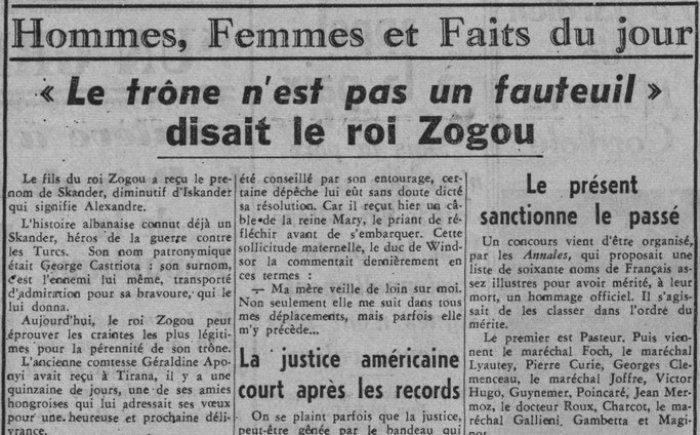'Paris-soir' 1939/ Mbreti Zog:'Froni nuk është një kolltuk'