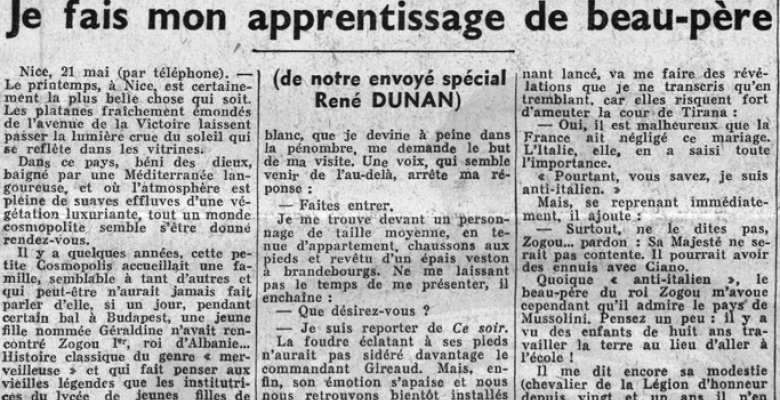 CE SOIR (1938) / INTERVISTA EKSKLUZIVE ME NJERKUN DHE VËLLAIN E MBRETËRESHËS GERALDINË NË FRANCË, PAS DASMËS MBRETËRORE NË SHQIPËRI