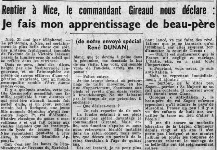 CE SOIR (1938) / INTERVISTA EKSKLUZIVE ME NJERKUN DHE VËLLAIN E MBRETËRESHËS GERALDINË NË FRANCË, PAS DASMËS MBRETËRORE NË SHQIPËRI