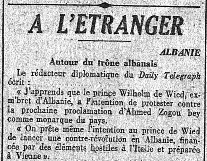 REDAKTORI DIPLOMATIK I DAILY TELEGRAPH (1928) : “PRINC VIDI PO PËRGATIT NJË KUNDËRREVOLUCION PËR TË PENGUAR SHPALLJEN MBRET TË AHMET ZOGUT”