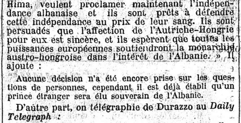 DERVISH HIMA – GAZETARIT TË PESTER LLOYD-IT NË BUKURESHT (26 NËNTOR 1912) : “SHQIPTARËT DO TË SHPALLIN PAVARËSINË DHE DO TA MBROJNË ATË ME GJAKUN E TYRE.”