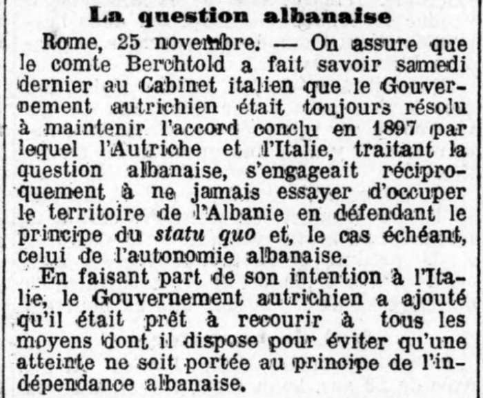 LE PETIT TROYEN (26 NËNTOR 1912) / QEVERIA AUSTRIAKE NDAJ ASAJ ITALIANE : “TË MOS PREKET SHQIPËRIA ! TË RESPEKTOJMË MARRËVESHJEN E 1897 !”
