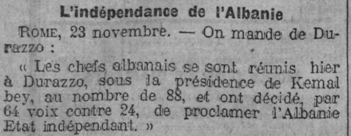 LE RADICAL (24 NËNTOR 1912) / SHQIPËRIA U SHPALL SHTET I PAVARUR NË DURRËS. 64 UDHËHEQËS VOTUAN PRO, 24 KUNDËR.