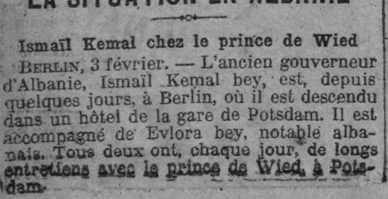 BISEDAT E GJATA DHE SEKRETE TË ISMAIL BEJ QEMALIT ME PRINC VIDIN NË POTSDAM (SHKURT, 1914)