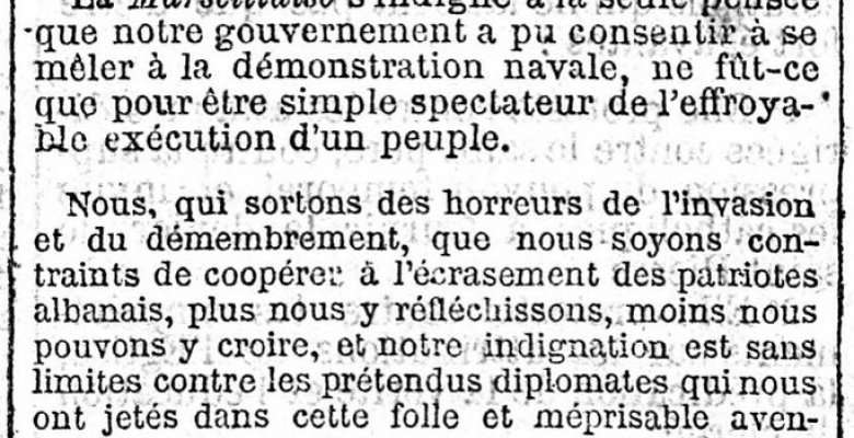 “LA MARSEILLAISE” NË MBROJTJE TË SHQIPTARËVE (1880) : “KËRKOJMË QË FLOTA JONË DETARE, AKTUALISHT NË ULQIN, NËN KOMANDËN E ZËVENDËS-ADMIRALIT LAFONT, TË LËRË UJËRAT E ADRIATIKUT DHE TË KTHEHET NË FRANCË”