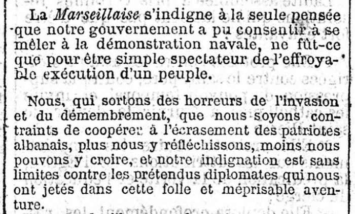 “LA MARSEILLAISE” NË MBROJTJE TË SHQIPTARËVE (1880) : “KËRKOJMË QË FLOTA JONË DETARE, AKTUALISHT NË ULQIN, NËN KOMANDËN E ZËVENDËS-ADMIRALIT LAFONT, TË LËRË UJËRAT E ADRIATIKUT DHE TË KTHEHET NË FRANCË”
