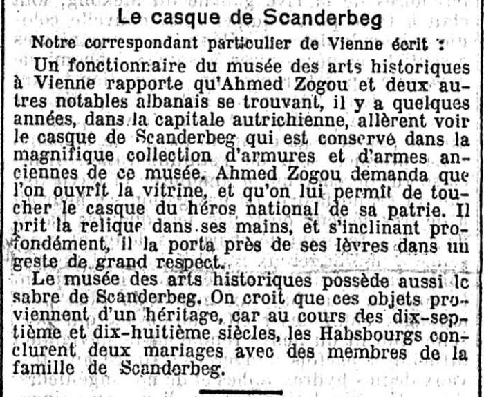 ZYRTARI I MUZEUT TË ARTEVE HISTORIKE NË VJENË PËR ‘LE TEMPS’ (1928) : “AHMET ZOGU E MORI PËRKRENAREN E SKËNDERBEUT NË DUART E TIJ, U PËRKUL DHE E PËRQAFOI ME RESPEKTIN MË TË MADH.”