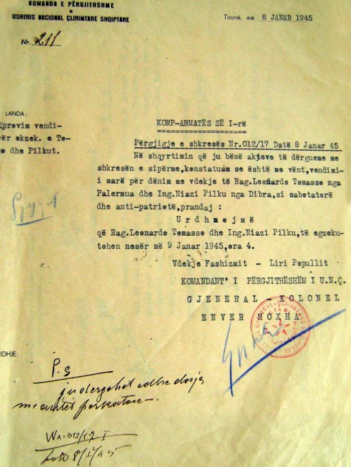 Dokumenti/ Dy ekzekutimet e para me firmë të Enver Hoxhës kundër sipërmarrësit italian dhe inxhinierit shqiptar