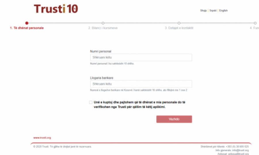 Rikthehet ueb-faqja e Trustit, ja ku mund të aplikoni për tërheqjen e parave
