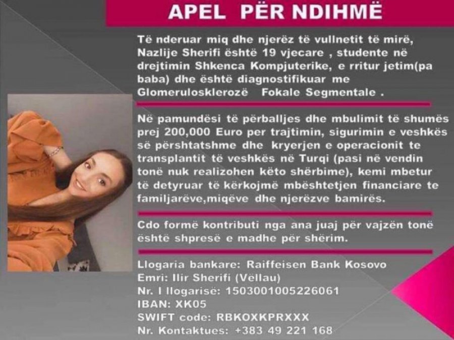 19-vjeçarja Nazlije Sherifi nga Mitrovica ka nevojë për ndihmën tuaj