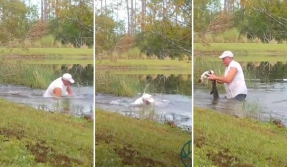 E pabesueshme: I moshuari i hidhet sipër aligatorit për të shpëtuar qenin, i hap gojën me duar