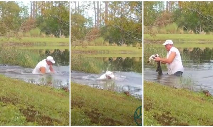 E pabesueshme: I moshuari i hidhet sipër aligatorit për të shpëtuar qenin, i hap gojën me duar