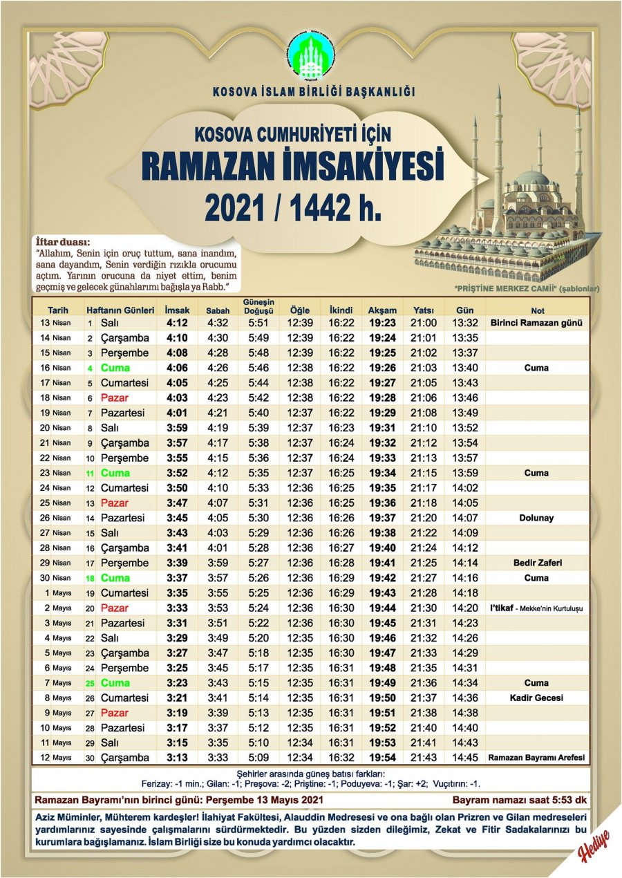 Nesër, Muaji i Ramazanit – ja kalendari i agjërimit për të gjitha ditët