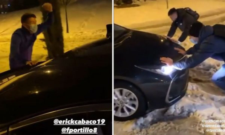 Pamje: Lojtarëve të klubit të La Ligës iu ngec makina në borë, detyrohen ta shtyjnë me dorë