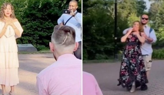 Për të mos prishur befasinë e një propozimi martese, burri ia mbyllë gojën dhe e largon gruan e tij nga skena