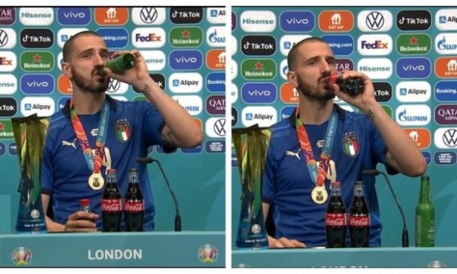 Bonucci tallet me Ronaldon dhe Pogban, pi birrë dhe Coca-cola në konferencë për media