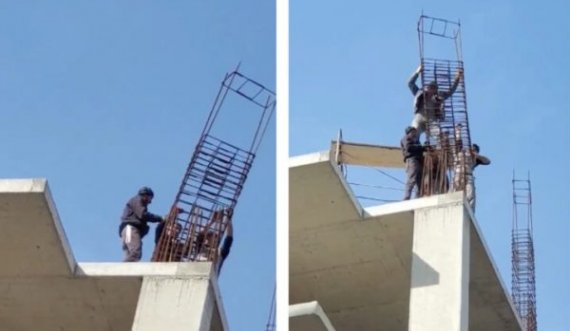  Punëtorët pa asnjë masë mbrojtëse rrezikojnë jetën në maje të ndërtesës në Prishtinë 