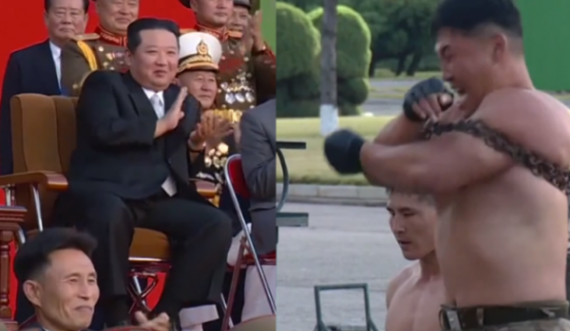 Ushtarët thyejnë tulla dhe shtrihen në gota të thyera para Kim Jong Un