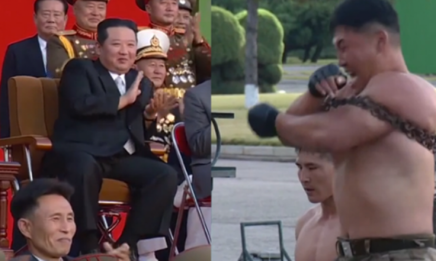 Ushtarët thyejnë tulla dhe shtrihen në gota të thyera para Kim Jong Un