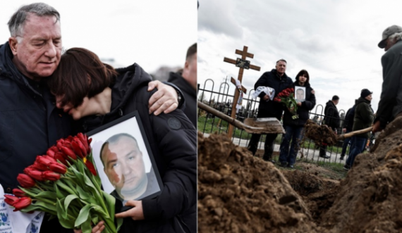 Me lule në duar e lot në sy, pamje nga një ceremoni mortore në Bucha