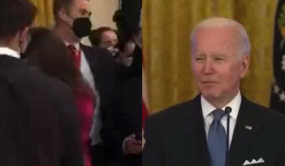 Pamje: Mikrofoni ndezur, Bideni dëgjohet duke fyer rëndë një gazetar