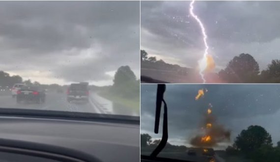 Gruaja kap momentin kur rrufeja godet veturën e burrit të saj në një autostradë