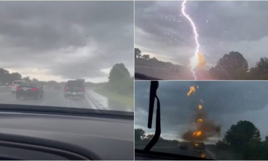 Gruaja kap momentin kur rrufeja godet veturën e burrit të saj në një autostradë