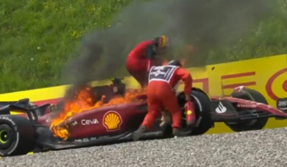 Ferrari përfshihet në flakë, Sainz ia del të largohet