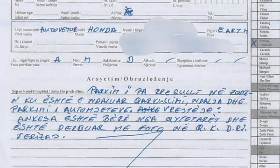 Ferizaj: Gjobë ndaj shoferit për parking të parregullt