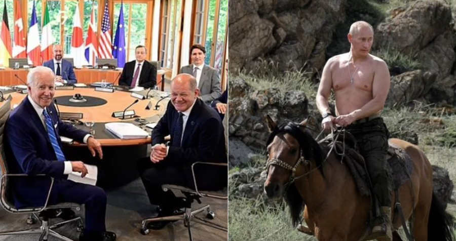 Liderët e G7 ‘tallen’ me foton e Putinit zhveshur mbi kalë