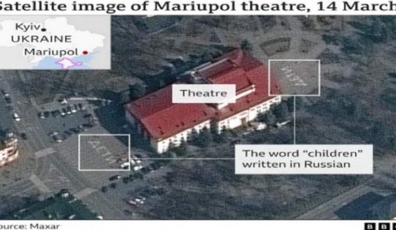 “Fëmijë” në rusisht, pamjet satelitore tregojnë shkrimin misterioz në oborrin e teatrit të bombarduar të Mariupolit