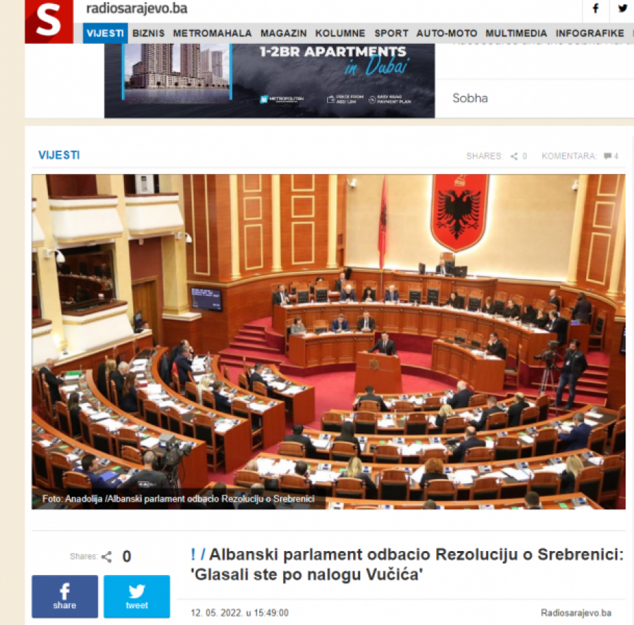 Këta janë titujt e mediave në Bosnjë pasi Shqipëria nuk e kaloi rezolutën që njeh gjenocidin në Srebrenicë