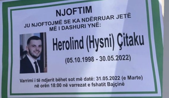23 vjeçari Herolind Çitaku do të varroset sot në fshatin Bajçinë të Podujevës