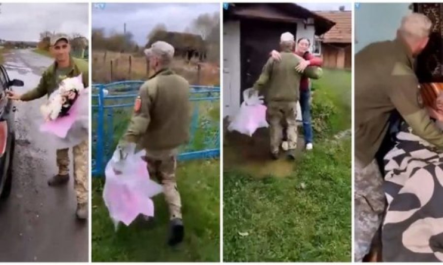 Kthehet nga fushëbeteja për një vizitë të papritur në familje, ushtari ukrainas mban buqetën me lule për nënën e moshuar