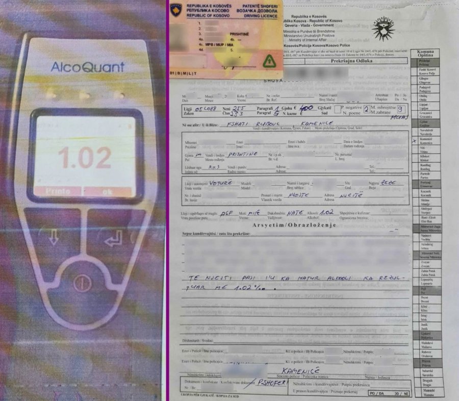 Kamenicë: Voziti nën ndikim të alkoolit, i merret patenta për nëntë muaj dhe gjobitet me 400 euro