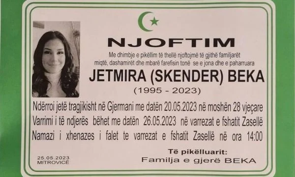 Nesër i jepet lamtumira e fundit Jetmira Bekës, 28 vjeçarës që u vra nga bashkëshorti i saj në Gjermani