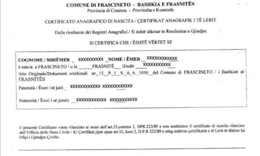 Bashkia me shumicë arbëreshe në Itali lëshon certifikatën e parë të lindjes në gjuhën shqipe