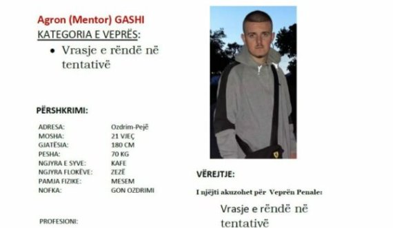 Plagosja e 3 personave me armë zjarri në Pejë, Policia kërkon ndihmë për gjetjen e tij